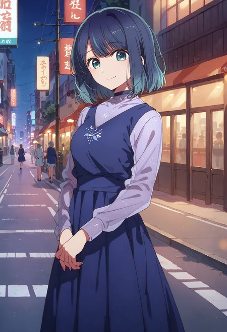score_9, score_8_up, score_7_up, , score_ANIME,kurokawaakane, 1girl, solo, looking at viewer, , long sleeves,, blue dress, gradient hair, bangs,, closed mouth, blue hair, standing, short hair, see-through shirt, cowboy shot, , aqua eyes , <lora:kurokawaakane_pony2:1> smile, street, city lights, smile, breasts