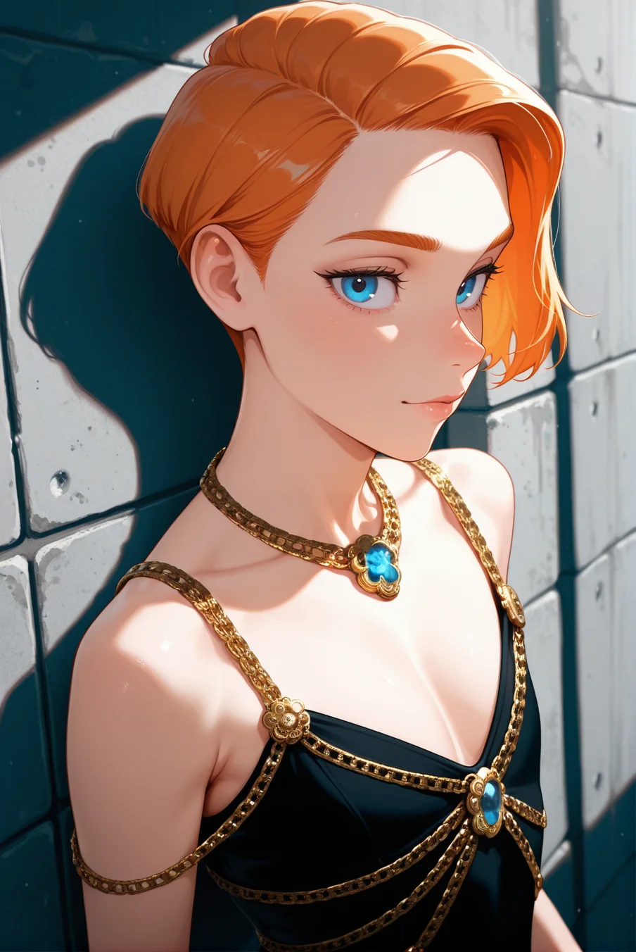 1boy, Rapunzel\(Movie\) style, (Pixar\(movies\):1.15), masterpiece,best quality,amazing quality, volumetric light, newest, Perfect detailed face, solo, clean concrete wall background,
an illustration of an extra skinny femboy, tomboy Trap, Trans girl, shag haircut, bobcut, ginger hair, redhead, flat chest, long_body, thin, (mature, 40yo:1.2), Til blue eyes,
<lora:Chanel_1992_Chain_Dress:0.85> chain outfit, cleavage, sleeveless, golden chain, necklace, jewelry, upper body, leotard, black outfit, face focus,
BREAK Masterpiece, best quality, amazing quality, HDR, 4K, volumetric light, newest, Perfect detailed face, Pixar\(movies\), Disney Princess,