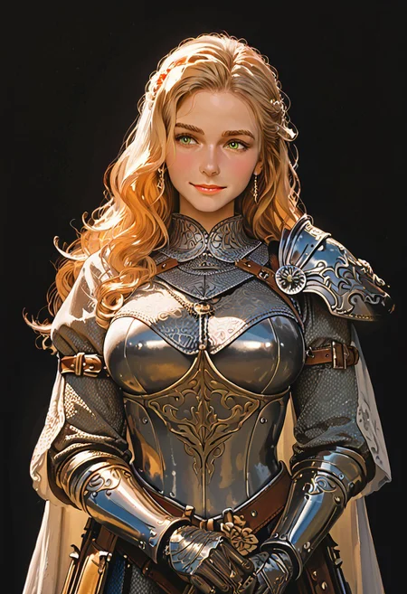 score_9, score_8_up, score_7_up, score_6_up, score_9, masterpiece, 4k, high quality, (best quality:1.1), 1girl, norman rockwell style, Expressiveh, blonde hair, wavy hair, long hair, green eyes, smile, armor, warrior, sword, fantasy, medieval, large breasts, cowboy shot, black background, simple background