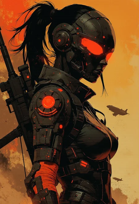 in the style of ck-mgs, nistyle, Inkplash art on rice paper, sepia, henna, Silhouette Art, magnificent, inksplash, closeup portrait, female bounty hunter, flowing black hair, reflective black and neon red armor, futuristic armor, sexy, curvy, large breasts, large ass, a rifle strapped to her back, holstered pistol, holding hand up, abstract background suggesting a harsh desert world, Spaceships flying overhead, dust storm, windy,
Cowboy Shot, close up,