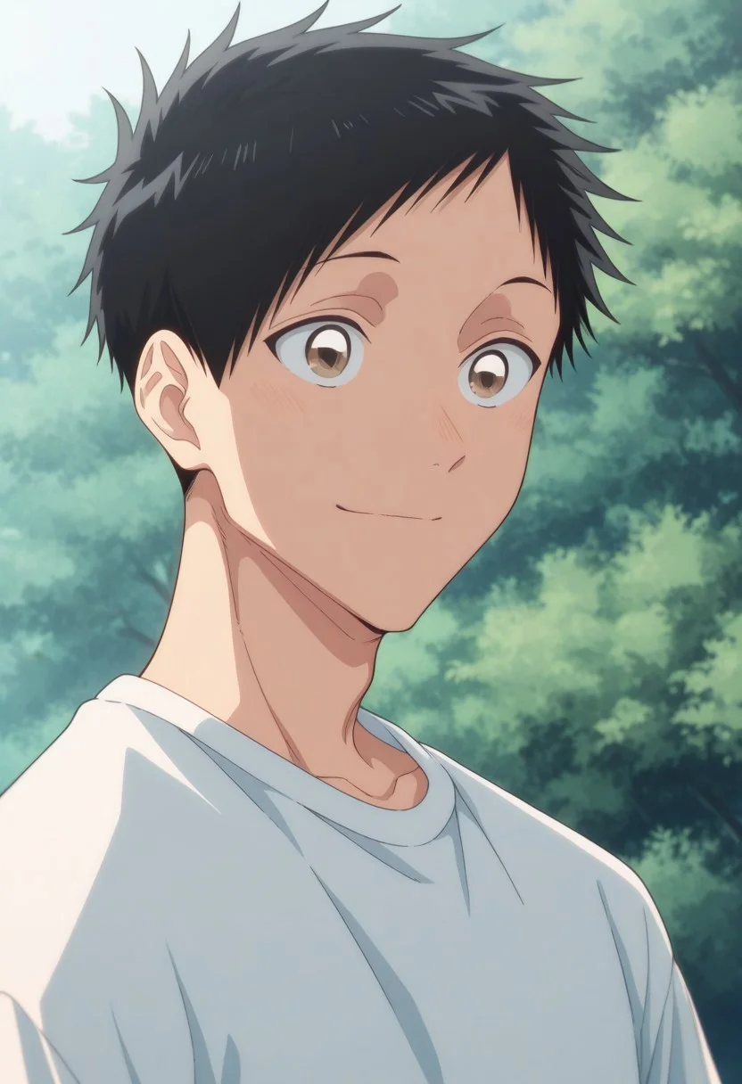 masterpiece,best quality,amazing quality, 
taikinomata, 1boy, male focus, solo, brown eyes, black hair, short hair, shirt, white shirt, t-shirt, short sleeves, portrait, smile, outdoor, day,