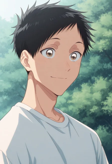 masterpiece,best quality,amazing quality,
taikinomata, 1boy, male focus, solo, brown eyes, black hair, short hair, shirt, white shirt, t-shirt, short sleeves, portrait, smile, outdoor, day,