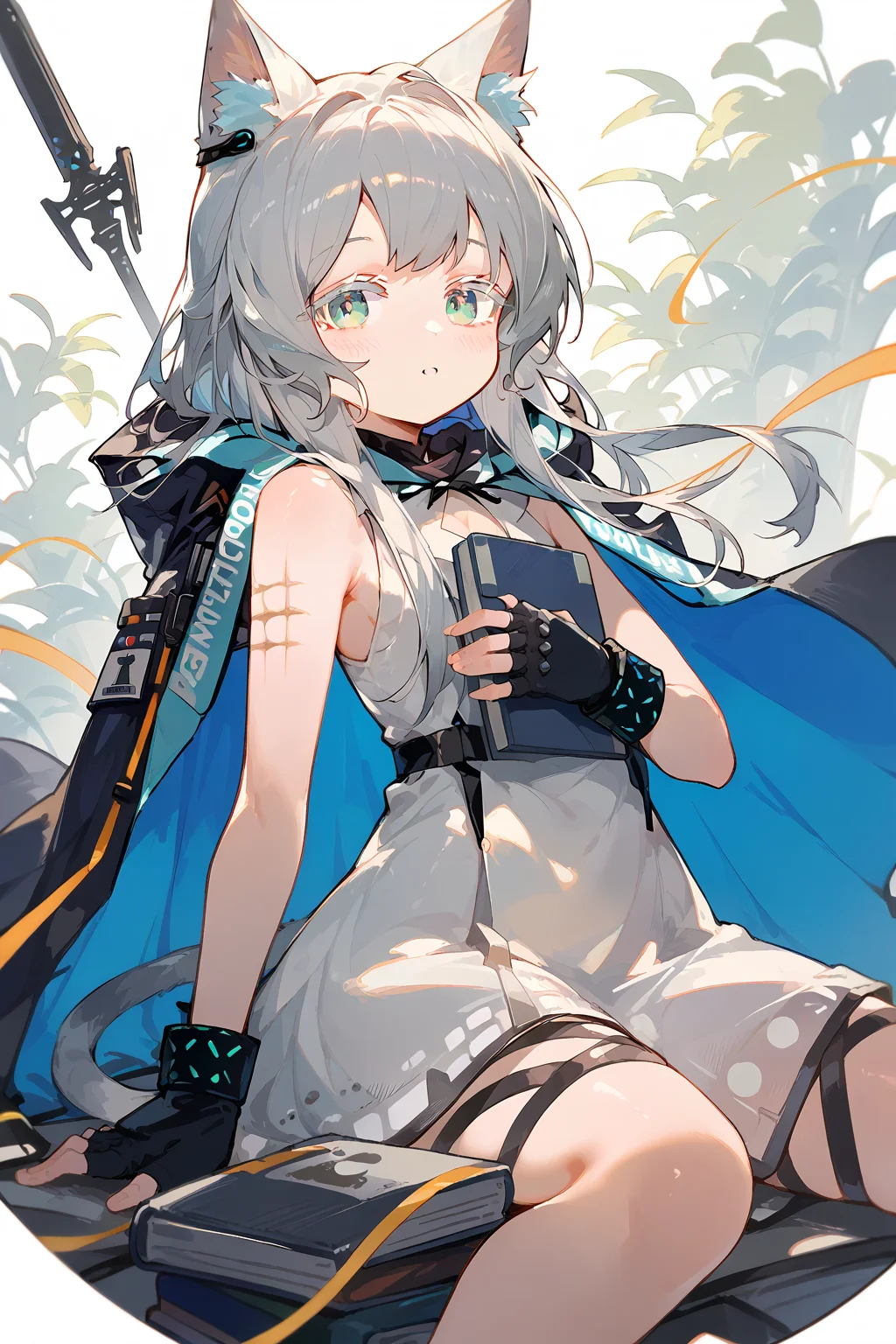 (score_9,score_8_up,score_7_up),<lora:Rosmontis(Arknights)-v1:1>,Rosmontis(Arknights),1girl,rosmontis (arknights),solo,animal ears,cat ears,gloves,tail,dress,white dress,fingerless gloves,long hair,holding,cat tail,black gloves,cat girl,book,sleeveless,bangs,holding book,sleeveless dress,colored eyelashes,parted lips,looking at viewer,animal ear fluff,green eyes,grey hair,bare shoulders,blue eyes,hooded cloak,cloak,hood,cape,blush,
good feet,anime,NSFW,expressive,amazing quality,ultra hd 32k,