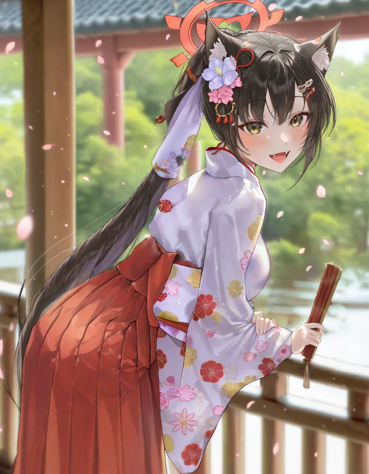 1girl, solo, holding fan, hand fan, folding fan, leaning forward, from side, railing, long hair, looking at viewer, blush, smile, open mouth, bangs, black hair, hair ornament, red eyes, long sleeves, very long hair, standing, ponytail, flower, :d, outdoors, japanese clothes, fang, cat ears, hair flower, wide sleeves, kimono, blurry, animal ear fluff, depth of field, blurry background, halo, floral print, hakama, hakama skirt, white kimono, miko, red hakama, falling petals, amazing quality, masterpiece, detailed 4k illustration, detailed, <lora:kren:1>