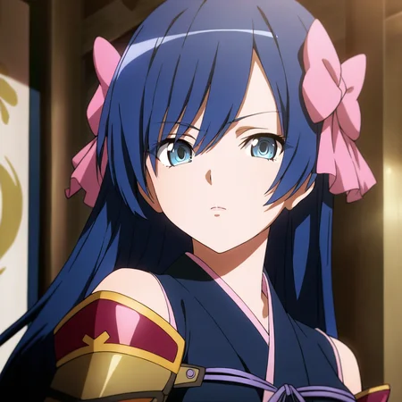 solo,anime coloring,looking at viewer,upper_body,masterpiece,high score,great score,absurdres,
japanese armor,<lora:NiwaNagahide ag4o:1> niwanagahide, blue hair, long hair, blue eyes,