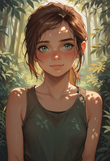 score_9, score_8_up, score_7_up, score_6_up, s1_dram, ncpy13 style,
TLOUEllie, 1girl, ponytail, brown hair, green eyes, solo, brown hair, smile, looking at viewer, blush, sleeveless, shirt, closed mouth, bare shoulders, small breasts, no bra, cowboy shot, upper body, forest
<lora:add-detail-xl:0.7> <lora:incase-ilff-v3-4:0.25> <lora:Watercolor Anime Style LoRA_Pony XL v6:0.6> <lora:S1_Dramatic_Lighting_v2:0.5> <lora:ncpy13 style_a:0.6> <lora:TLOUEllie:0.7>