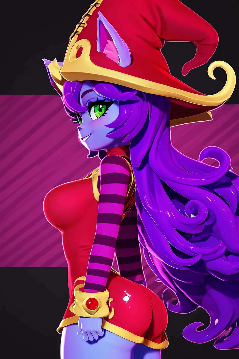score_9, score_8_up, score_8, (big breasts), (curvy), cute, eyelashes,       BREAK, ,  <lora:LuluLeagueoflegendsPDXL:0.8>, zzLulu, long hair, bangs, animal ears, green eyes, purple hair, colored skin, purple skin, long sleeves, hat, dress, red dress, red headwear, ears through headwear, striped sleeves, yordle,, BREAK, smile, looking at viewer, cowboy shot, side view, ass,  embedding:zPDXL, Expressiveh, <lora:Zy0n7_PDXL:1.0>,  <lora:SDXLFaeTastic2400:0.5>,  <lora:Expressive_H-000001:0.4>,