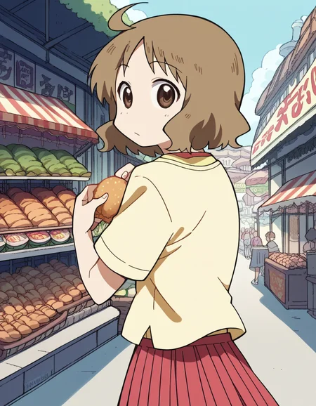score_9, score_8_up, score_7_up, source_anime, <lora:izumi-sakurai-s1-ponyxl-lora-nochekaiser:1>, izumi sakurai, short hair, brown hair, brown eyes, ahoge,, skirt, yellow shirt, pleated skirt, red skirt,, street market, vendor, street food, bustling crowd, local flavor, vibrant, , <lora:shaft-look-ponyxl-lora-nochekaiser:1>, shaft look, looking back, from behind, head tilt,, looking at viewer, solo,, dutch angle, cowboy shot