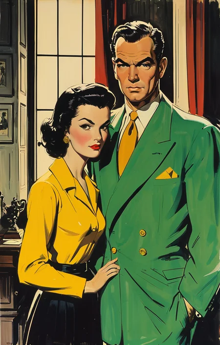masterpiece,best quality,<lora:tbh369-sdxl:0.6>,illustration,style of Milton Caniff portrait of family
