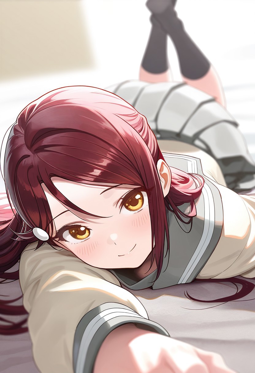 Type_TRP, (masterpiece), (best quality), (ultra-detailed), very aesthetic, high resolution, perfect composition, intricate details, absurdres, newest, extremely detailed eyes, beautiful, perfect lighting, hi res, amazing quality, very awa, painting_(artwork), dynamic angle, dynamic pose, sakurauchi riko, 1girl, lying, long hair, uranohoshi school uniform, red hair, serafuku, looking at viewer, yellow eyes, on stomach, blush, smile, hair ornament, long sleeves, pleated skirt, hairclip, blurry, black socks, depth of field, closed mouth, grey skirt, grey sailor collar, foreshortening