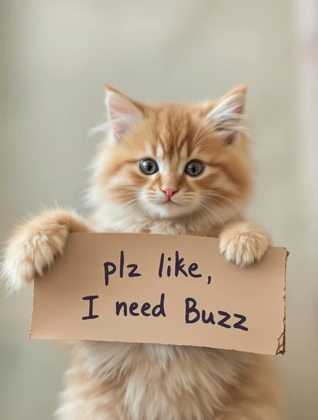 Cute fluffy ginger baby kitten with a cardboard banner that reads: "plz like, I need Buzz"