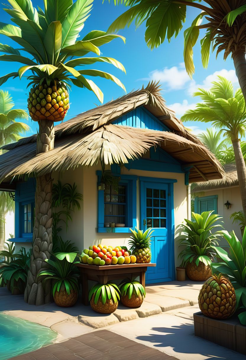 4k resolution, intricately detailed, trending on artstation, ((best quality)), ((highly detailed)), masterpiece, scenery, no humans, outside, Delfino_Plaza, small fruit stand, pineapples, coconuts, palm tree, small house, clear blue sky, realistically detailed, HDR, ,Delfino_Plaza,more detail XL