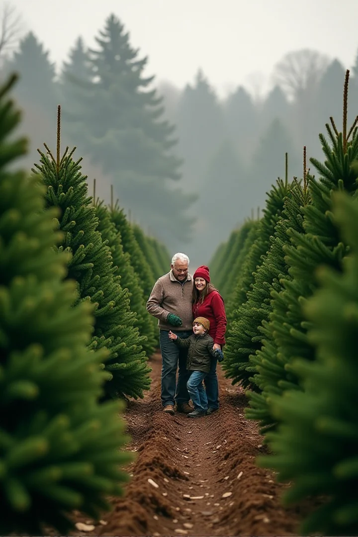Cinematic style,  <lora:Sinfully_Stylish_.02_for_FLUX:1> A Christmas tree farm, rows of perfectly shaped trees, a family choosing the perfect treeâââ