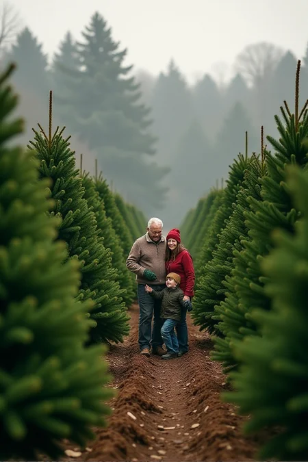 Cinematic style, <lora:Sinfully_Stylish_.02_for_FLUX:1> A Christmas tree farm, rows of perfectly shaped trees, a family choosing the perfect treeâââ