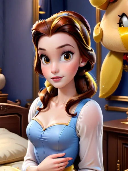 blue outfit, belle, with a stuffed animal in the background, 1girl, long hair, breasts, blush, standing, upper body, parted lips, eyelashes, makeup, on bed,   
<lora:princess_rc_il:0.9>