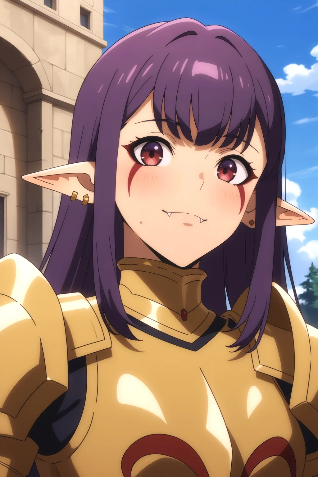 <lora:EsilRadiru:0.8> outdoors, Esil Radiru, pointed ears, earrings, purple hair, red eyes, upper body, smile, golden armor, fangs, facial mark, fangs out, looking at viewer, solo leveling style