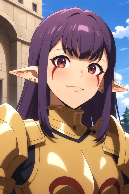<lora:EsilRadiru:0.8> outdoors, Esil Radiru, pointed ears, earrings, purple hair, red eyes, upper body, smile, golden armor, fangs, facial mark, fangs out, looking at viewer, solo leveling style