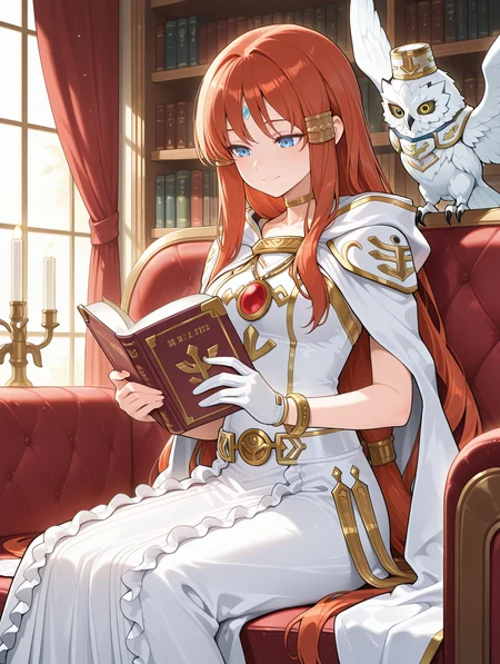 minerva - the exalted lightsworn, 1girl, white owl, sitting, solo, indoors, holding book, sitting on couch, smile, bird on lap, angel wings, gold choker, white cape, white long dress, single white glove, hood down, gold bracelet, blue forehead mark, 1other,
masterpiece,best quality,amazing quality,very aesthetic,absurdres,newest,<lora:Minerva, the Exalted Lightsworn illuXL v1.1:0.75>,