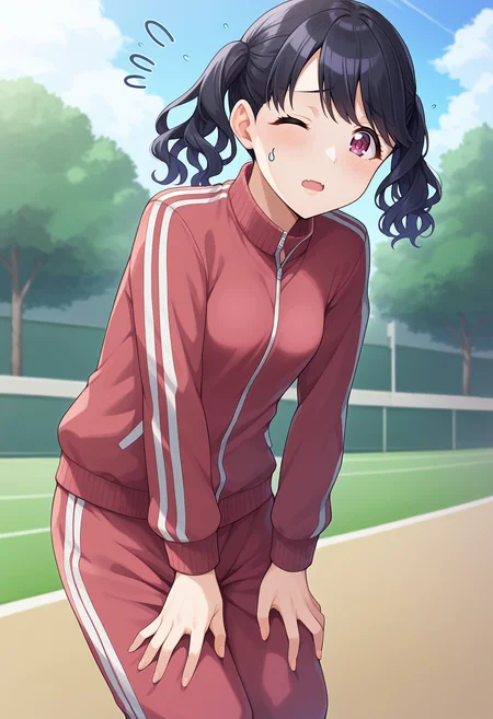 score_9, score_8_up, score_7_up, BREAK source_anime, 1girl, fukumaru koito, small breasts, black hair, twintails, purple eyes, track jacket, track pants, flying sweatdrops, parted lips, one eye closed, (exhausted:1.2), hands on own thighs, outdoors, summer <lora:hskc-koito-pony-v0.5:1>