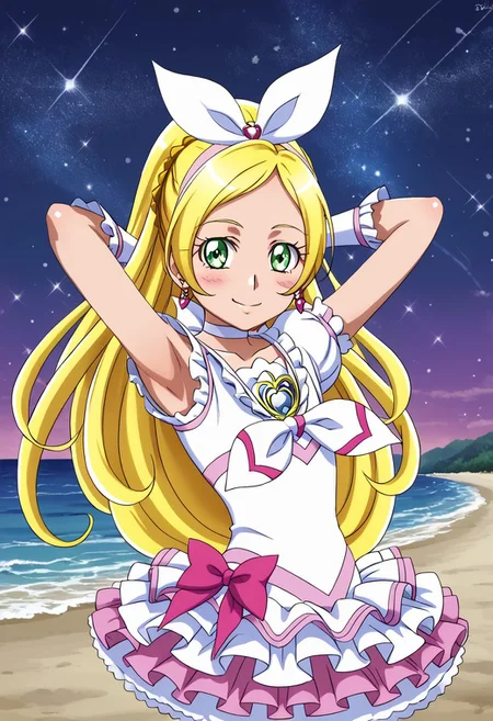 detailed background, shiny skin, rating safe,
<lora:curerhythm.pony:1>
curerhythm,
shiny skin, high quality, solo, looking at viewer, solo, {contrapposto}, spread armpit, arms behind head, blushing, looking at viewer, cowboy shot, closed mouth, night sky, beach, looking at viewer, best quality, smile,