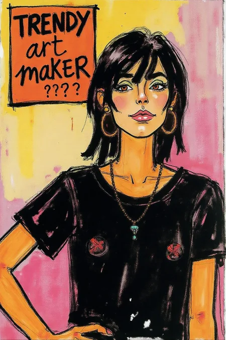 hugop1 illustration.
A vibrant, abstract painting of a female figure, wearing a black t-shirt. The grunge style blends with frutiger style elements, featuring beautiful vector shapes in a colorful, minimalistic composition reminiscent of 2004 aesthetics. A text block above her head reads TRENDY ART MAKER in bold, swirling script, incorporating the symbols x, ??, and ??. The gradient background adds depth, while sharp details and oversaturated colors create an eye-catching, high-quality artwork that blends vector art with mixed media. This original piece exudes a sense of trendiness, vintage flair, and award-winning quality, making it NSFW. artint, vivid colors,
<lora:hugop1_cap_d6a3e12:1.0><lora:824403197335612793:0>