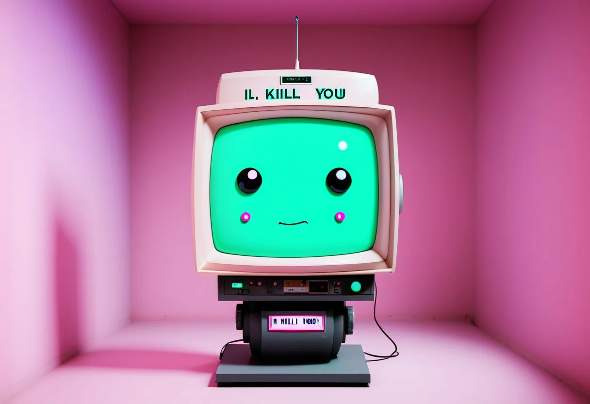 A CRT TV-faced robot displays the message "I will kill you".