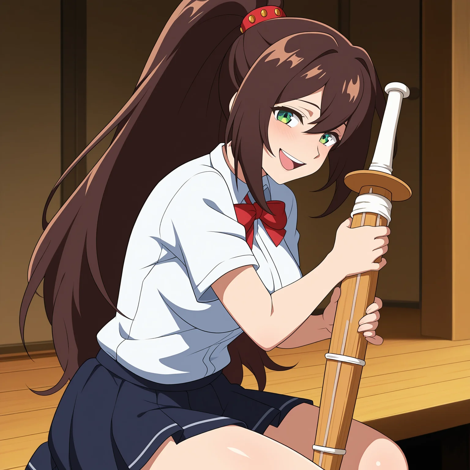 masterpiece, best quality, amazing quality, anime screencap, 1girl, solo, sitting, cowboy shot, looking at viewer, smile, laughing, <lora:IrisAnotherMMXD:0.9>, IrisAnotherMMXD, brown hair, ponytail, high ponytail, wide ponytail, hair ornament, green eyes, school uniform, shinai, holding weapon,