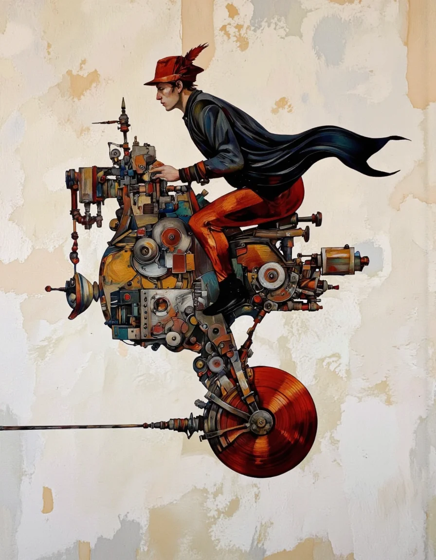 A modern oil painting in an abstract style of Bruce Holwerda that features an imaginative and surreal scene. The central figure is a person riding a fantastical, steampunk-style contraption that resembles a mechanical unicycle. The rider is a man with a muscular build, wearing a dark, fitted jacket, red pants, and a red cap with a feather. His posture suggests a sense of motion and determination as he balances on the unicycle, which is adorned with intricate, colorful, and metallic components. The unicycle has a large, round, red wheel in the front and smaller, more detailed mechanical parts in the back, including gears, pipes, and a variety of other steampunk elements. The background is a textured, off-white canvas with subtle, abstract splashes of color, adding to the surreal atmosphere. The overall style is a blend of steampunk and abstract art, with bold, dynamic lines and a mix of warm and cool colors, creating a visually striking and whimsical composition. The image captures a sense of adventure and creativity, emphasizing the intersection of human ingenuity and mechanical marvels. <lora:Bruce_Holwerda:0.95>