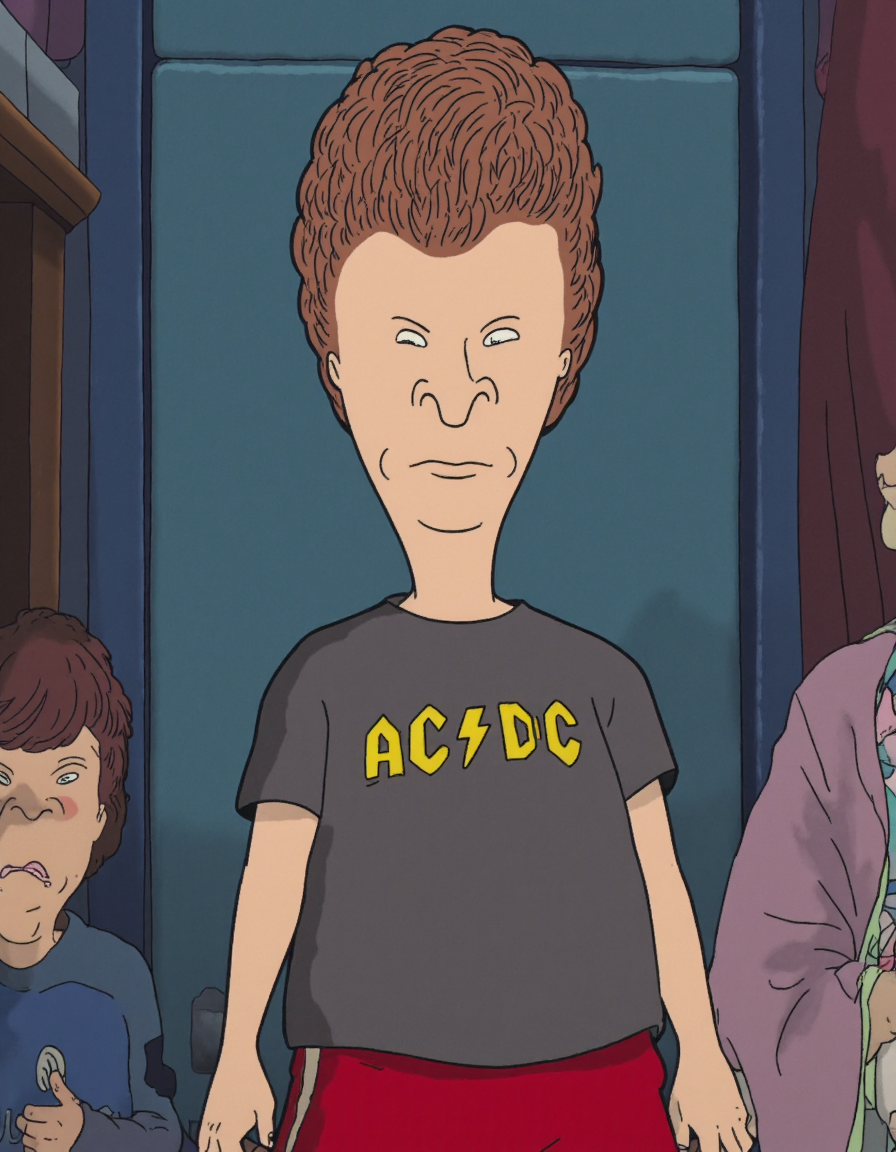 2d artstyle, mike judge artstyle, Butthead character wearing AC/DC shirt, red shorts, (depicted as anime style villian)  <lora:Butt-head_Flux:1> <lora:Studio_Ghibli_Flux:1> ghiblistyle