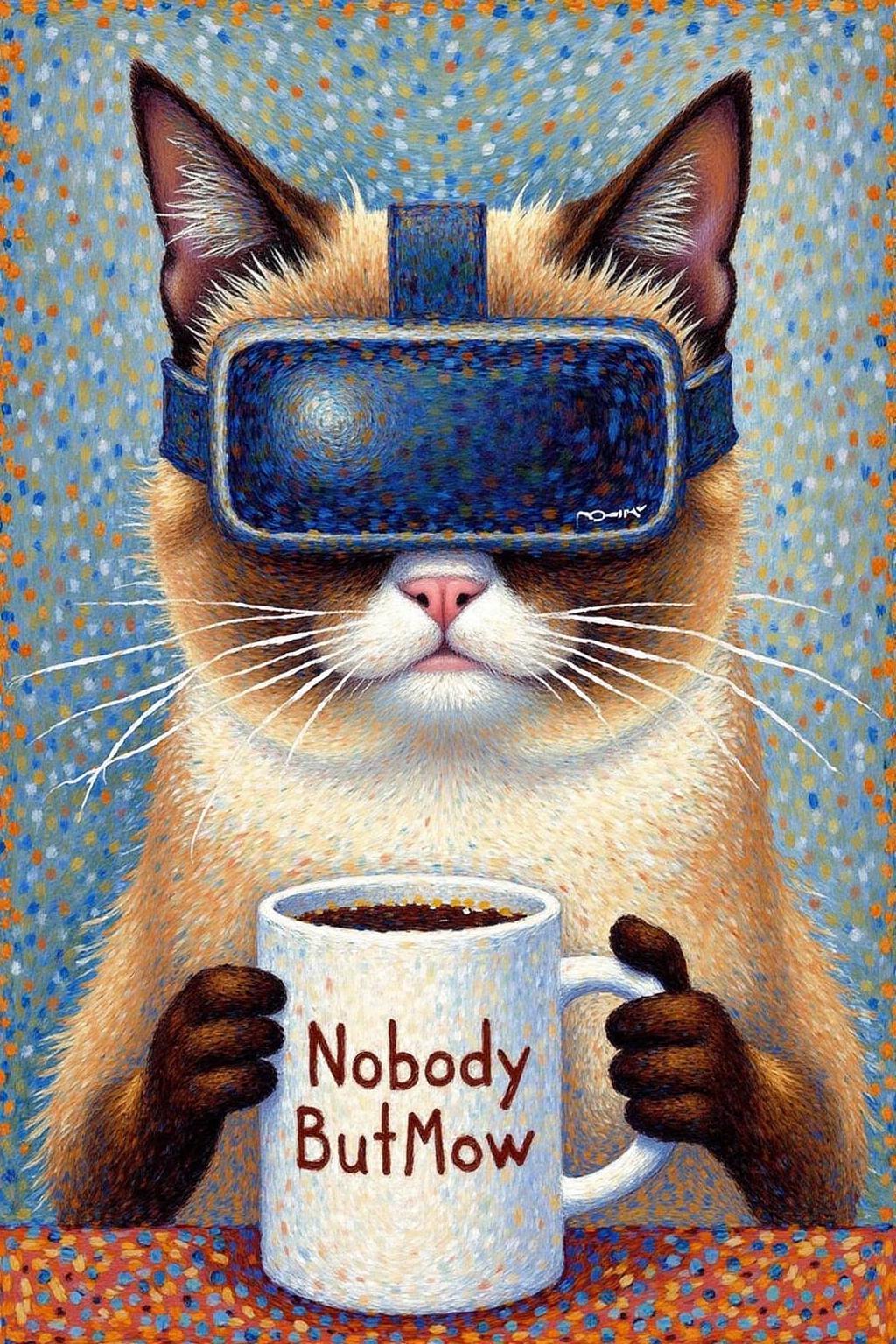 geoseu1 pointillist painting.
Grumpy Cat holding a coffee mug, wearing a VR Headset. The mug has the phrase "NobodyButMeow" printed <lora:geoseu1_cap_d6a3e12:1.0><lora:821037794106396180:0>