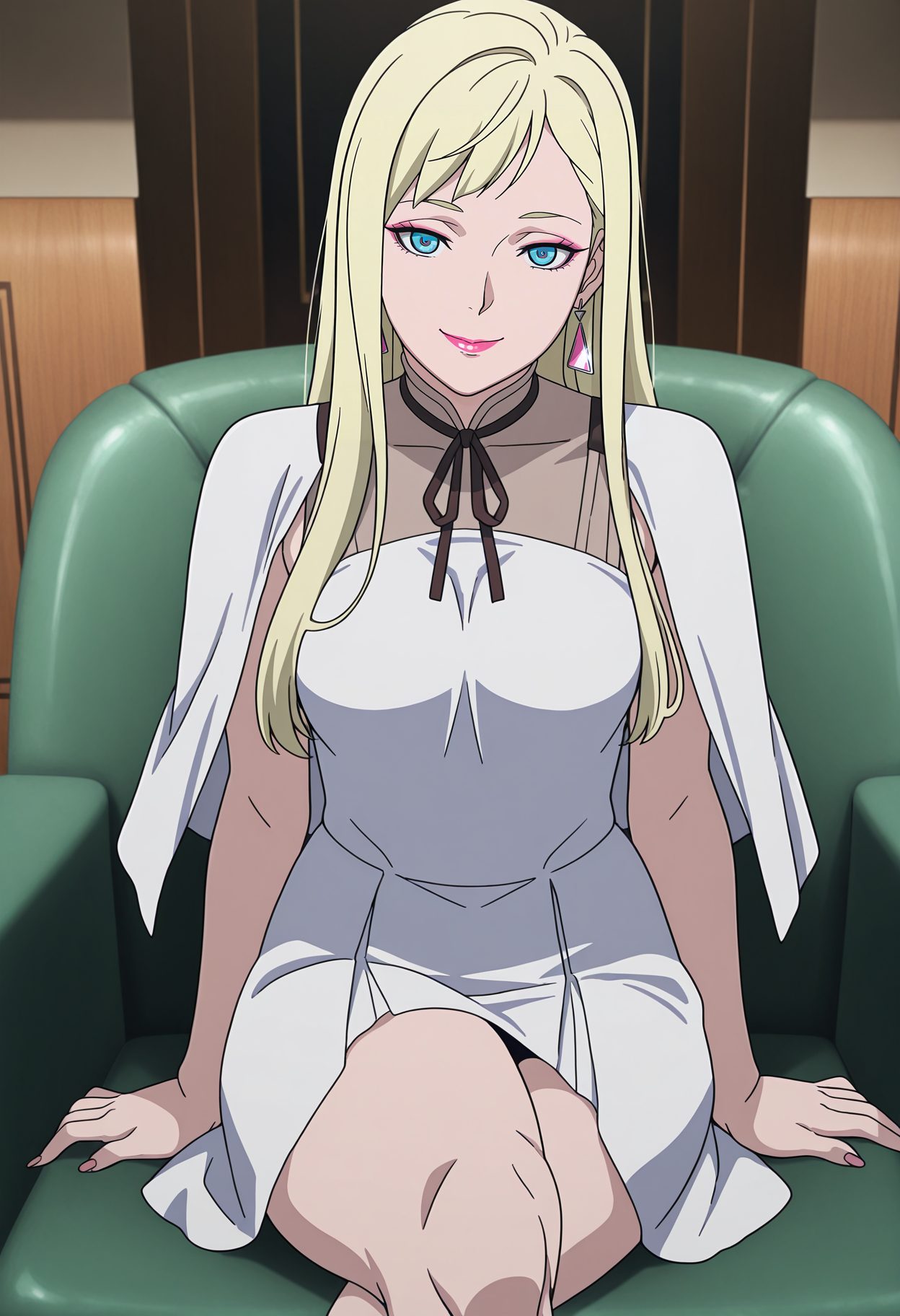 1girl,solo,mm,mature female,long hair,blonde hair,blue eyes,triangle earrings,makeup,lipstick,anime coloring,
white dress,white capelet,sitting,crossed legs, looking at viewer, smile,indoors
,masterpiece,best quality,amazing quality,<lora:Gigi_Andalucia_from_Gundam_Hathaways_Flash_v2:0.8>
