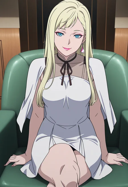 1girl,solo,mm,mature female,long hair,blonde hair,blue eyes,triangle earrings,makeup,lipstick,anime coloring,
white dress,white capelet,sitting,crossed legs, looking at viewer, smile,indoors
,masterpiece,best quality,amazing quality,<lora:Gigi_Andalucia_from_Gundam_Hathaways_Flash_v2:0.8>