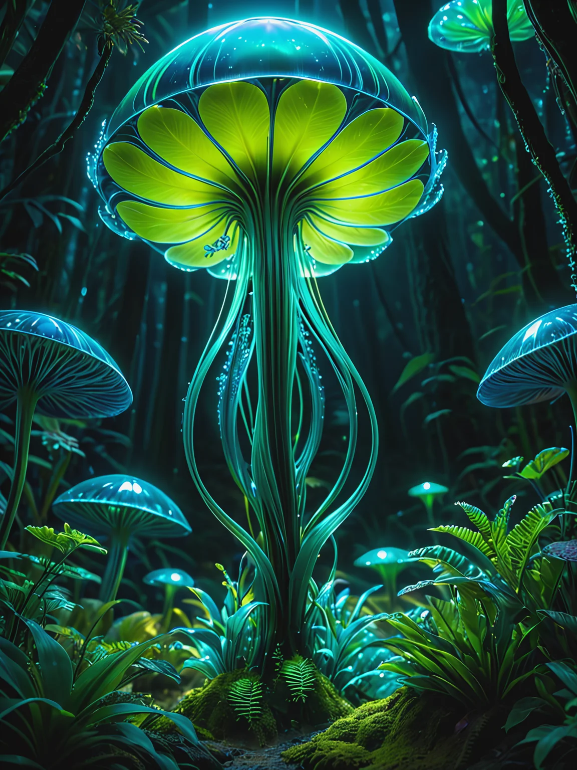 sci-fi movie still frame, the subject is an otherworldly forest on an alien planet, lush, mysterious, bioluminescent, serene, digital mirrorless camera, capturing the vibrant colors and unique textures of the extraterrestrial flora, macro lens, allowing for detailed close-ups of the alien plant life, twilight, with the bioluminescent plants casting an ethereal glow, allowing for vivid color reproduction, The realism level is balanced, The best type of lighting for this subject is ambient bioluminescent light, creating a magical and immersive atmosphere. intricate details of the alien flora. <lora:add-detail-xl:1> art by mooncryptowow <lora:WowifierXL-V2:0.8>