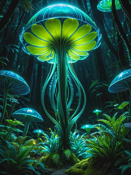 sci-fi movie still frame, the subject is an otherworldly forest on an alien planet, lush, mysterious, bioluminescent, serene, digital mirrorless camera, capturing the vibrant colors and unique textures of the extraterrestrial flora, macro lens, allowing for detailed close-ups of the alien plant life, twilight, with the bioluminescent plants casting an ethereal glow, allowing for vivid color reproduction, The realism level is balanced, The best type of lighting for this subject is ambient bioluminescent light, creating a magical and immersive atmosphere. intricate details of the alien flora. <lora:add-detail-xl:1> art by mooncryptowow <lora:WowifierXL-V2:0.8>