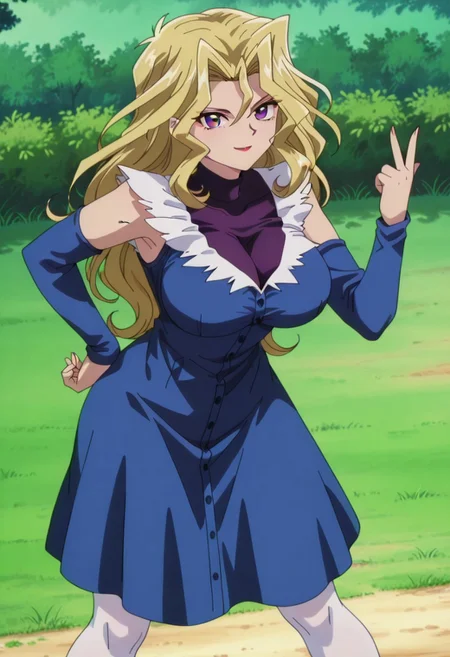 <lora:anime_screencap-IL v-pred:1>, anime screencap, anime coloring, amazing quality, very aesthetic, absurd resolution, masterpiece, 4k resolution, perfect anatomy, perfect eyes, (hand with four fingers and one thumb), BREAK 1girl, 3/4 body shot, curvy, zzMai, purple eyes, blonde hair, long hair, hair between eyes, large breasts, sexy standing pose, legs apart, lewd lower body, shifting her hips, looking at viewer, happy smile, joy, (<lora:blue_concert_ill-05:1>, (blue shirtdress, v-neck, white feather neckline, blue buttons, long sleeves, blue sleeves, knee-length dress, white feather hemline,), (black turtleneck, sleeveless, under dress,), white pantyhose, ), breast focus, BREAK (park, bushes, grass, no men, 1girl, solo,),