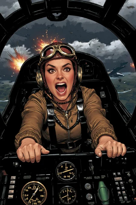 adhughes1 illustration in a comic book style.
A female pilot screaming inside the cockpit of a World War II bomber. The pilot, wearing a vintage leather flight helmet with goggles and a bomber jacket, grips the controls with white-knuckled hands. Her face is contorted in a mix of fear and determination as she yells, her eyes wide with adrenaline. The cockpit is cramped and filled with old-fashioned dials and gauges, with the outside view showing dark stormy clouds and distant anti-aircraft fire <lora:adhughes1_cap_d8a4e12:1.0><lora:832441602292160529:0>