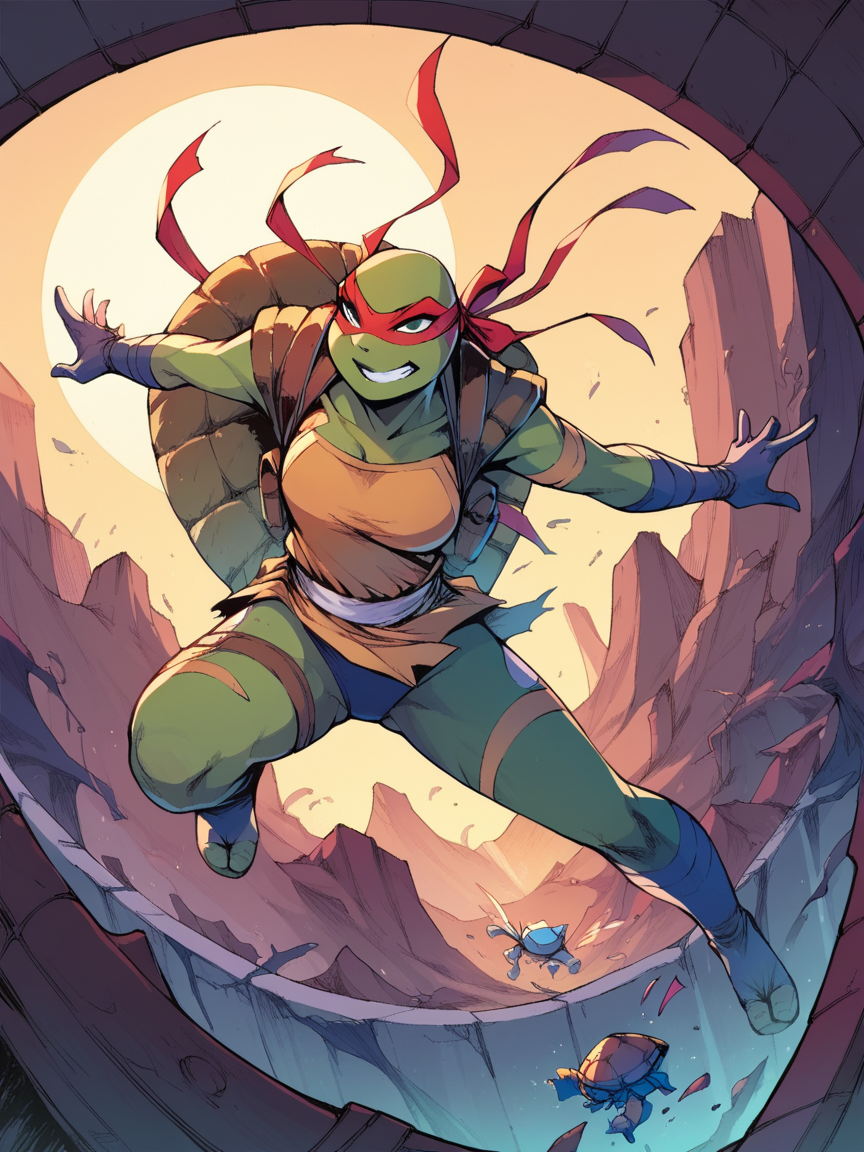 score_9, score_8_up, score_7_up, score_6_up,  <lora:r0n1nXLP:1> r0n1n, science fiction, ninja turtle