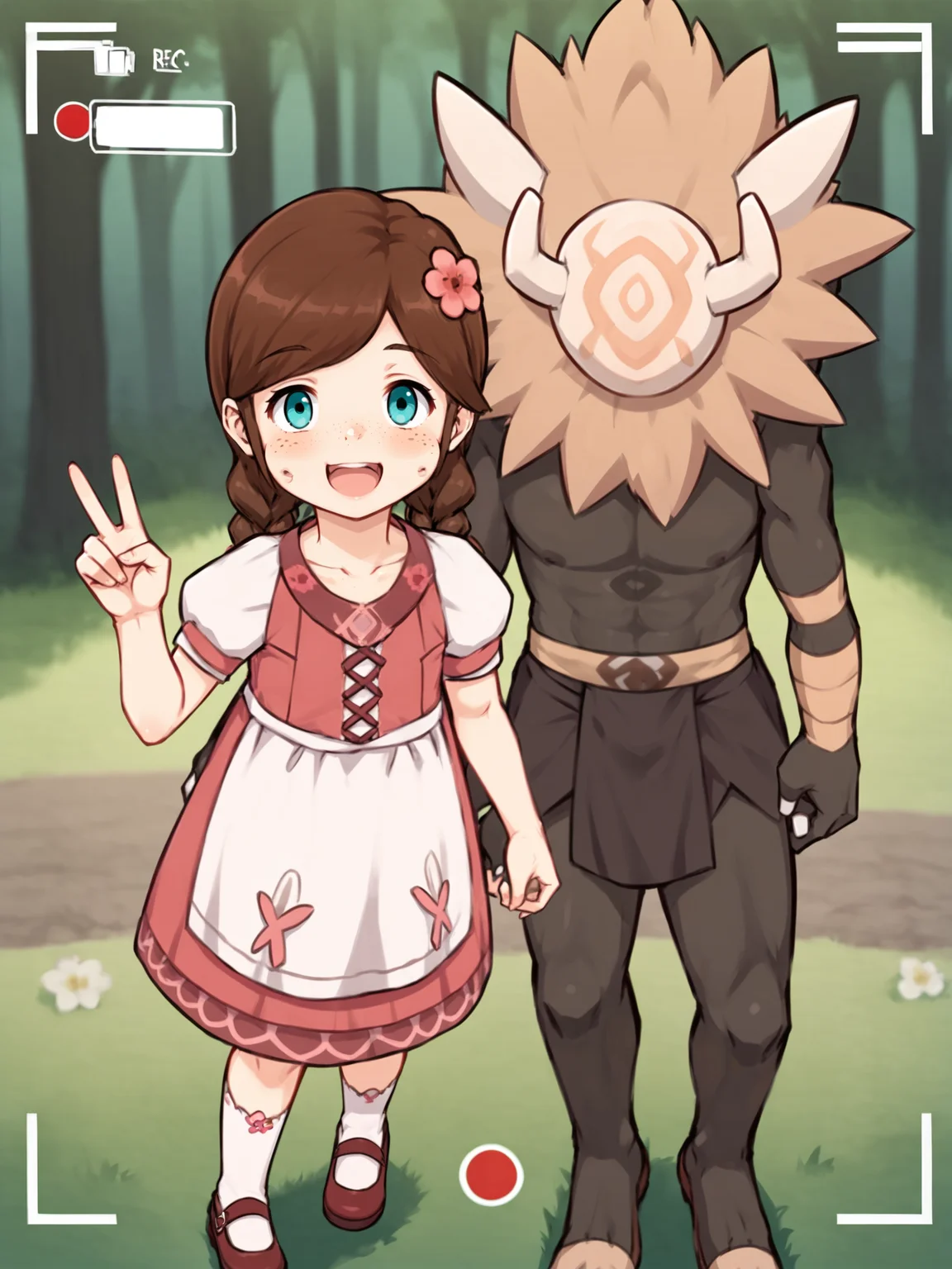 score_9, score_8_up, score_7_up, score_6_up, score_5_up, source_anime BREAK
<lora:Genshin_NPC_EllaMusk_Pony_v1:0.8>, 1girl, 1boy, solo, full body, (forest, grassy field:1.3), running, (hilichurl:1.8), (wearing loincloth, holding hands, teal eyes, brown hair, swept bangs, twin braids, (hair flower, hair ornament:1), collarbone, pink dress, flower pattern, short sleeves, white sleeves, (white apron:1.1), puffy sleeves, white socks, bobby socks, brown footwear, (mary janes:1.5), (freckles on cheeks and nose:1.3), (tareme:1.5), smiling, happy, from side, (looking at viewer, looking at camera:1.5), (size difference:1.3), open mouth, (peace sign, camera view:1.5)