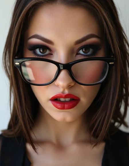 A striking portrait of a fierce woman with piercing eyes and bold, direct eye contact. She wears natural-looking brick-red lipstick and large, avant-garde glasses. The composition embodies a high-fashion editorial aesthetic, blending ethereal beauty with dramatic shadows and luxurious fashion details. The zoomed-out perspective places the subject in 30% of the frame, leaving ample negative space around her head for a modern, minimalist feel. The subtle 3D effect enhances the visual depth, creating a captivating and dynamic image.