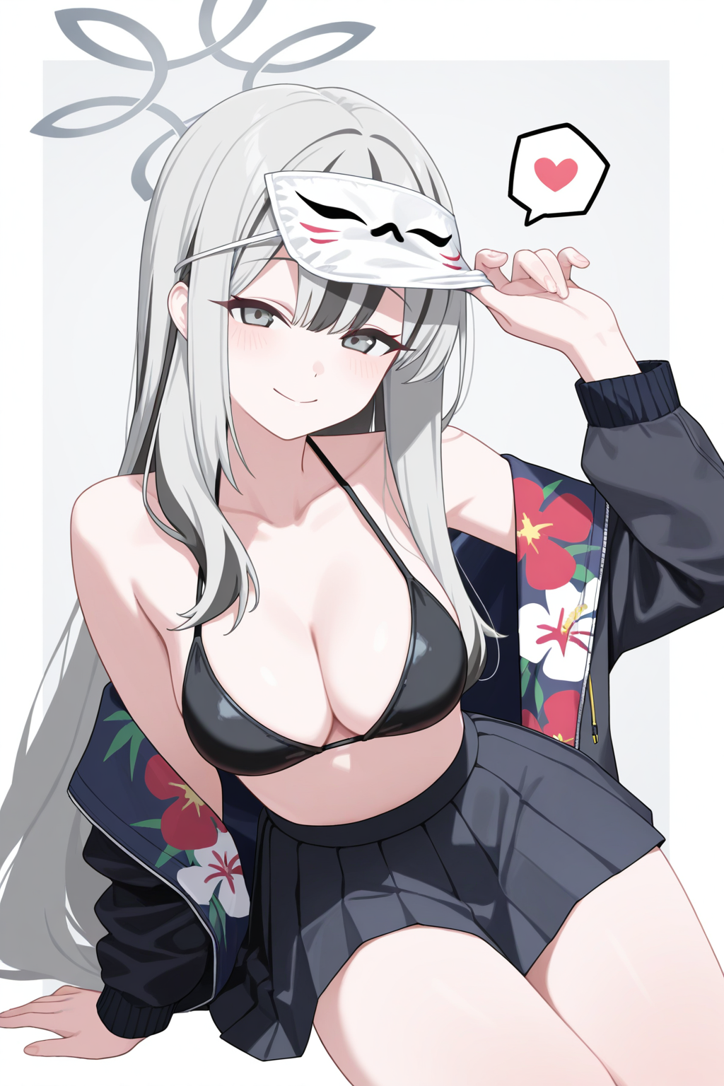 konoka \(blue archive\), 1girl, arm support, bare shoulders, bikini, black bikini, black jacket, black skirt, border, breasts, cleavage, closed mouth, collarbone, grey background, grey hair, grey halo, halo, hawaiian shirt, heart, jacket, long hair, looking at viewer, mask, mask lift, medium breasts, mouth mask, multicolored hair, open clothes, open jacket, pleated skirt, shirt, single bare shoulder, single off shoulder, skirt, smile, solo, spoken heart, streaked hair, swimsuit, thighs, white border, white mask, masterpiece, best quality, very aesthetic