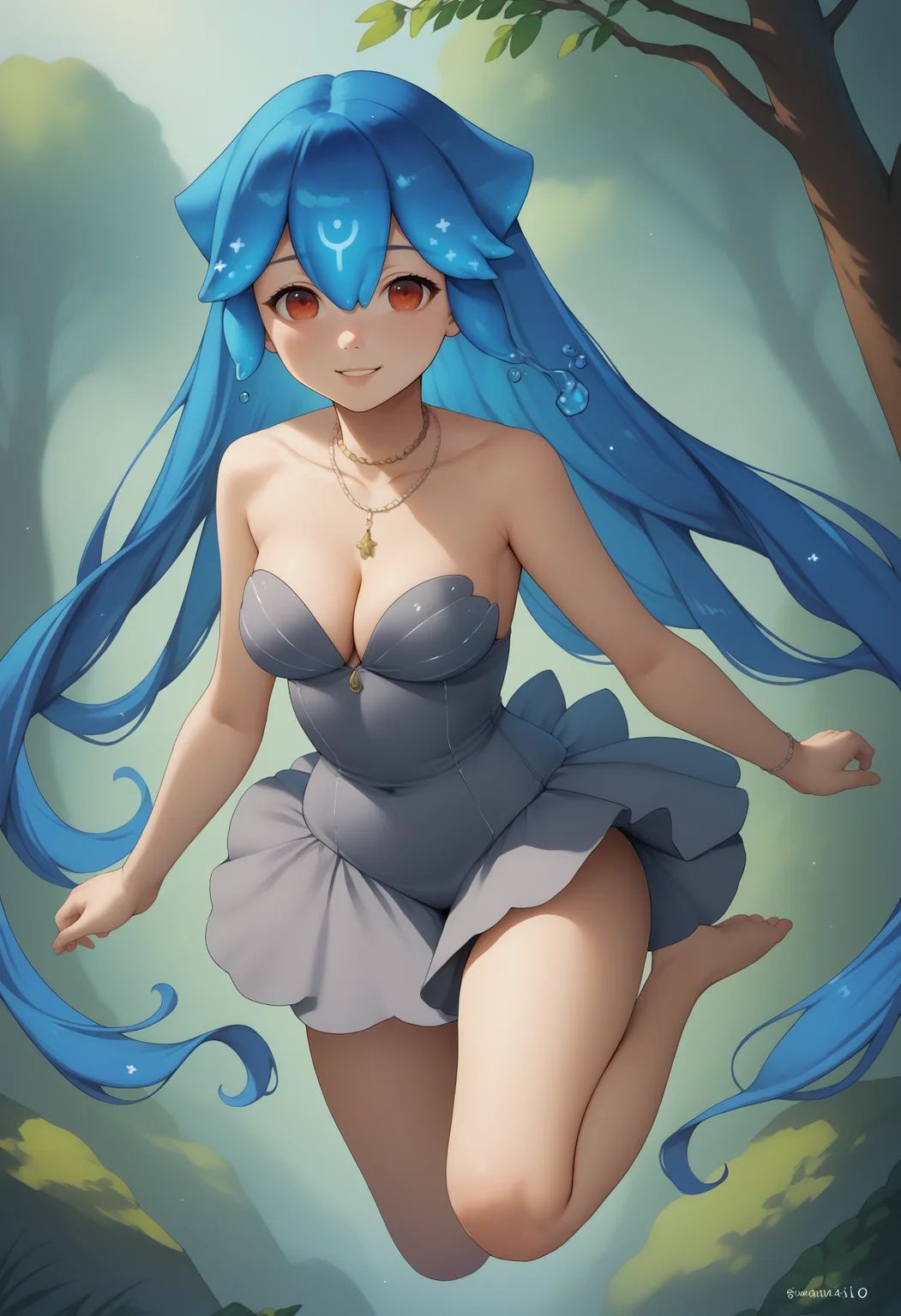 score_9, score_8_up, score_7_up, source_anime, 1girl, solo, <lora:Bao_XLPD:1>, BaoDef, blue hair, liquid hair, long hair, hair between eyes, bangs, necklace, grey dress, cleavage, bare shoulders, collarbone, thighs, shortskirt, seductive smile, outdoors, happy, air, flying, jumping, forest,
