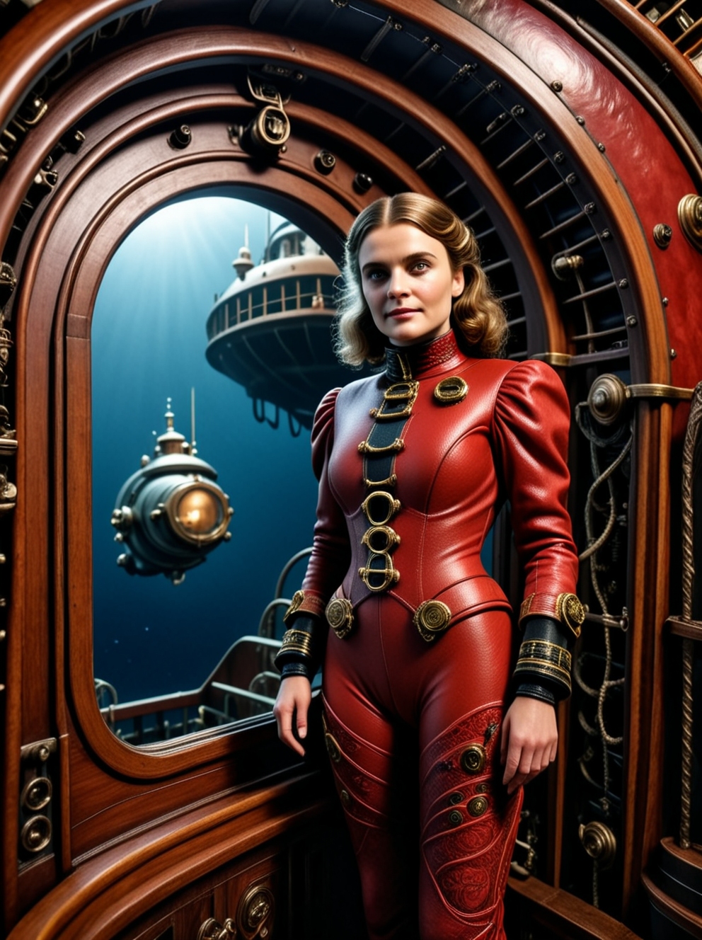 photo focus on solo female focus, indoors, realistic scenery, (character 1girl captain nemo:1.1),   looking at viewer ,  close-up, arch, chair, loaded <lora:Nautilus:.85>, space.diving.suit. juliet sleeves, nautilus-style. very wide shot, red, character photo portrait, film, professional, 4k, highly detailed