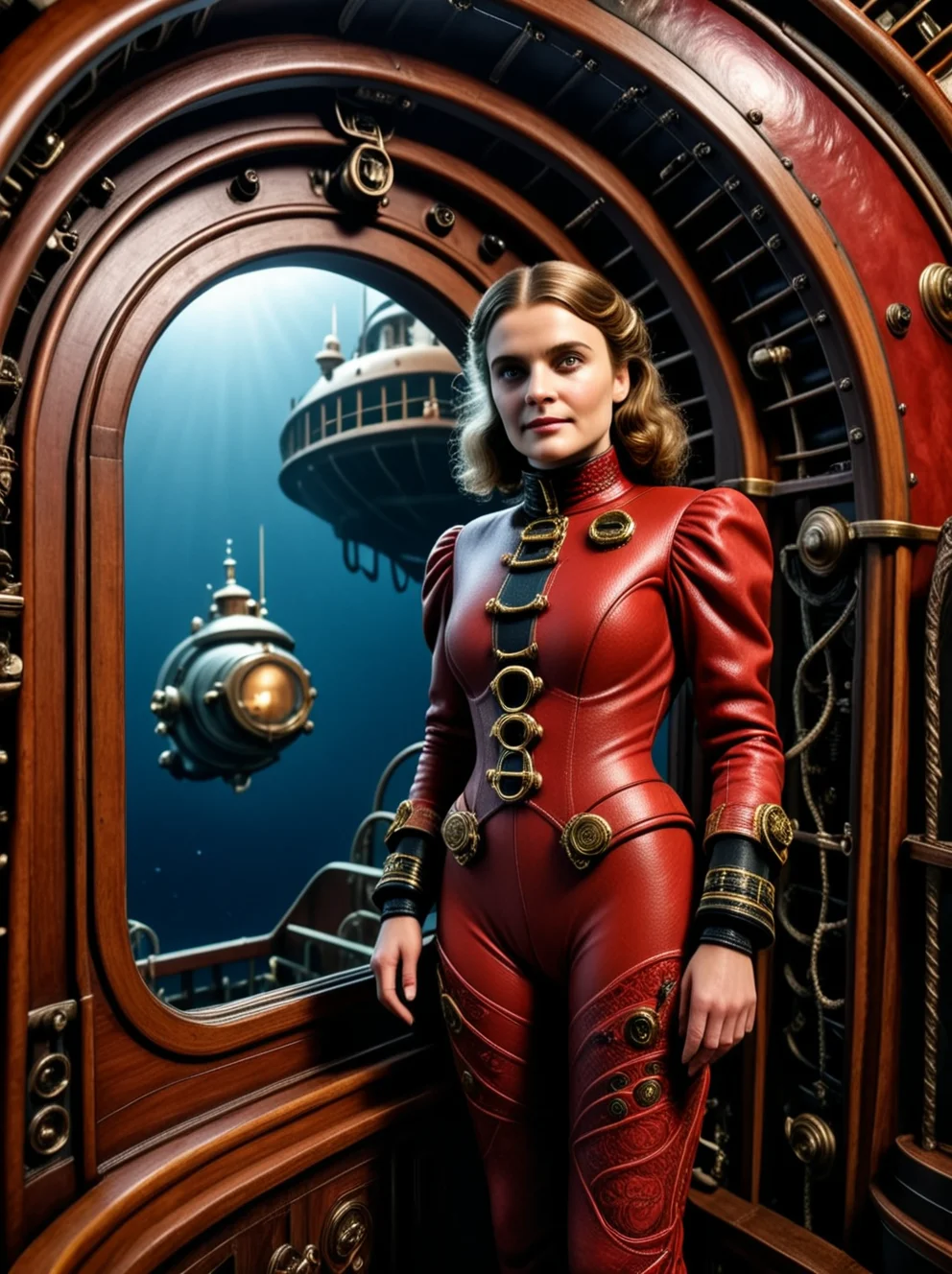 photo focus on solo female focus, indoors, realistic scenery, (character 1girl captain nemo:1.1),   looking at viewer ,  close-up, arch, chair, loaded <lora:Nautilus:.85>, space.diving.suit. juliet sleeves, nautilus-style. very wide shot, red, character photo portrait, film, professional, 4k, highly detailed