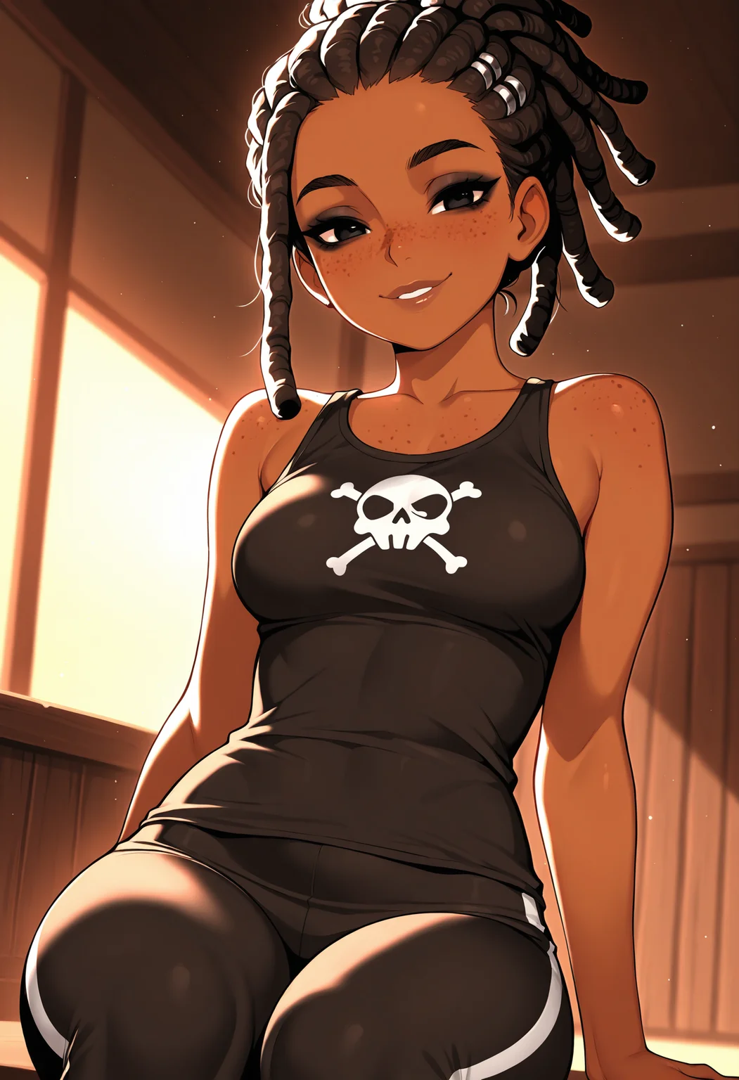 masterpiece, best quality, amazing quality, absurdres, vibrant lighting, facing viewer, sitting down, mid shot, adult female, 1girl, solo, brown skin, black eyes, eyeliner, full lips, smile, freckles, short hair, ponytail, dreadlocks, petite, medium breasts, freckles, black tank top, skull logo, black leggings,