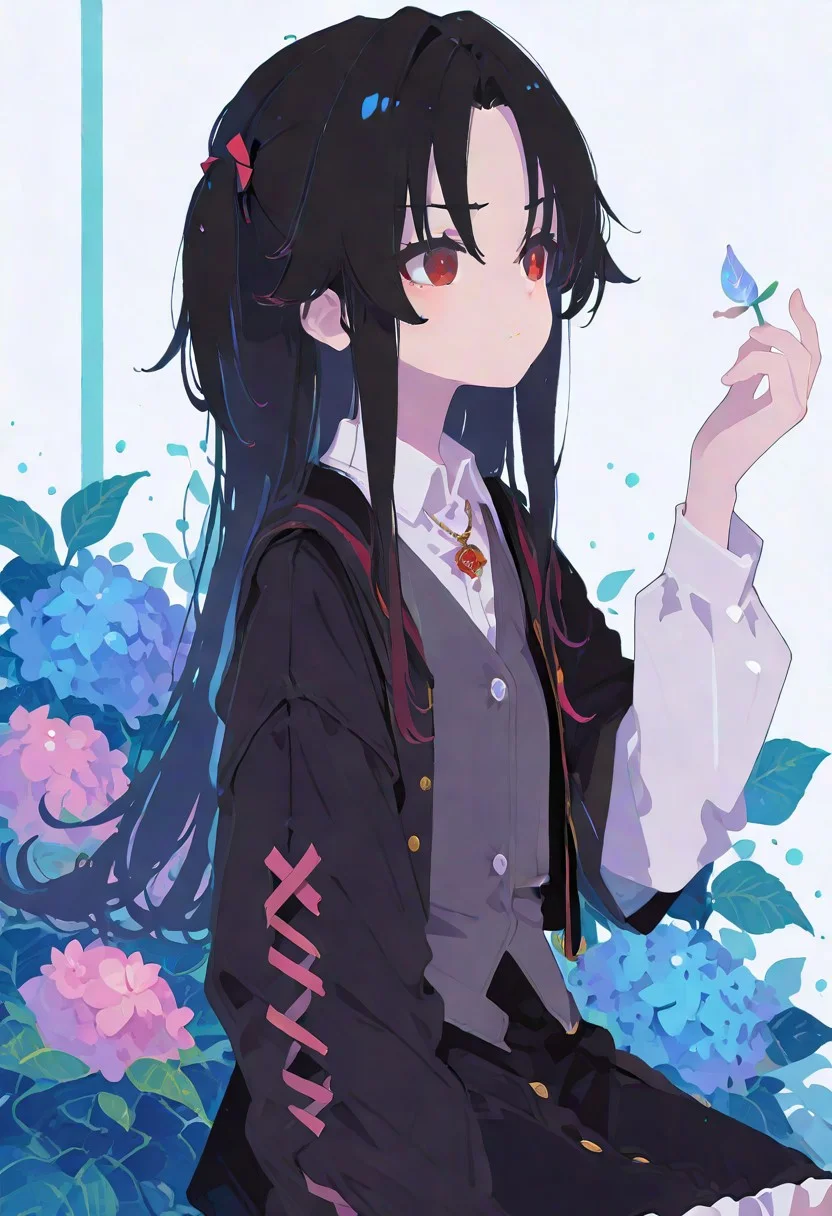 ai-default,yashajin ai,red eyes,black hair,long hair,sidelocks,one side up,black jacket,white collared shirt,short over long sleeves,grey vest,black skirt,frilled skirt,
masterpiece, best quality, good quality, newest, highres, absurdres, 1girl, solo,closed mouth, upper body, flower, hand up, necklace, looking to the side, leaf, pink flower, blue flower, hydrangea, ,laced sleeves, Ethereal Brushstroke, Flat vector illustration,