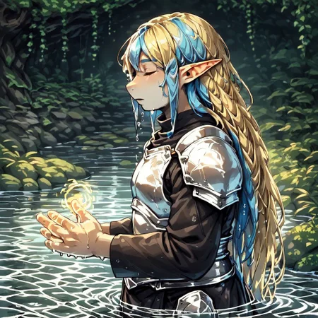 yum4rt, Lapanya, 1 person, pointy ears, 3 fingers 1 thumb, ((Underground cavern background)):1.5, ((snout nose)):1.0, flat chest, side view, light skin, tall, square jaw, yellow irises, ((two-tone hair, light blue hair, blonde undertones)), wavy hair, long hair, ((chubby build, chubby face)), long sleeved black robe, white armor, wet hair, wet clothes
Underground cavern background
Standing hip-deep in water, casting water magic, water tendrils
((clean lines, source: anime, detailed fingers, high quality, best quality, masterpiece, rating: g score: 9, score: 8 up))
