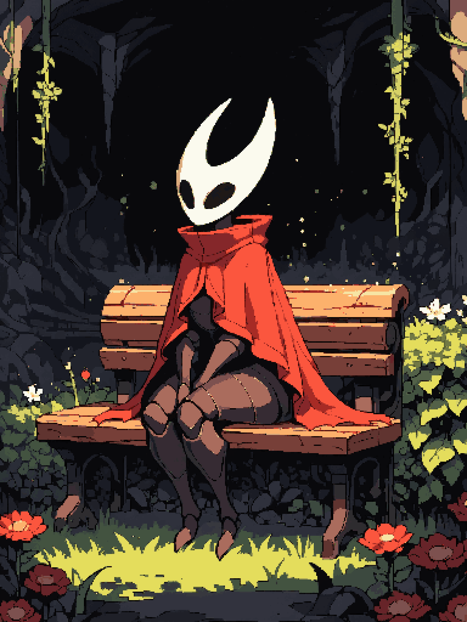 <lora:inkplasm:1.1> <lora:d3p1x3lXLP:1> d3p1x3l, pixel art, score_9, score_8_up, score_7_up, score_6_up, cave, grass, plant, bush, flowers, vines, spotlight, metal bench, particles BREAK
hornet \(hollow knight\), arthropod, exoskeleton, black body, white mask, empty eyes, red cloak, sitting