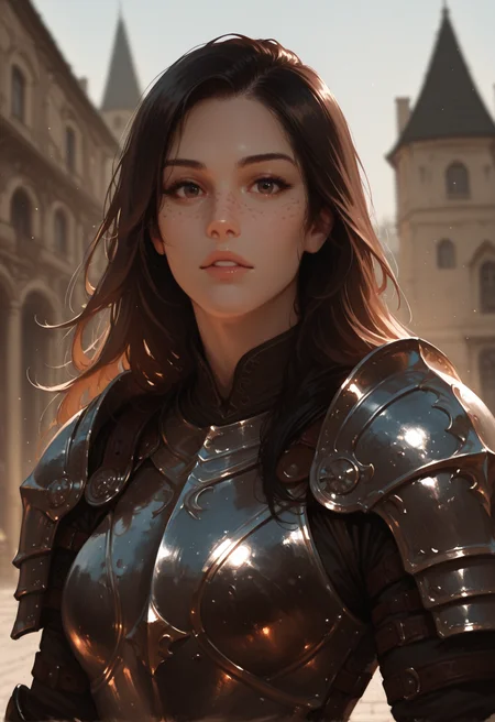 1girl, armor, solo, looking at viewer, long hair, outdoors, realistic, freckles, brown hair, upper body, breastplate, lips, blurry, day, blurry background, parted lips, mole, shoulder armor, building, black hair, masterwork, masterpiece, best quality, dynamic lighting , dynamic pose,, dynamic angle, , , (realistic:1.2), (lineless:1.2), detailed, <lora:Detailer_NoobAI_Incrs_v1:0.75>, , aged up, adult, depth of field, dynamic lighting, blurry, cheekbones,
