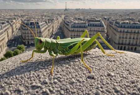 Cinematic, Cinematic Lighting, Cinematic Shot, cry5t415ku11, extremely detailed, Film Still, high detail, hires textures, incredibly detailed, intricate details, intricate diorama, masterpiece, Movie Still, outstanding intricacies, photorealism, true masterpiece, Paris background, cunning, Sumptuous, a grasshopper on the top of Arc de Triomphe