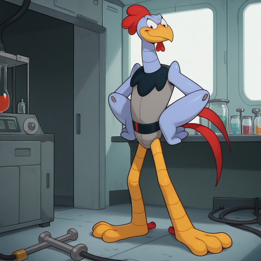 masterpiece, best quality, amazing quality, scr4tchson1c, male, furry male, solo, robotic, chicken, silver body, two-tone body, yellow beak, black eyes, wing-like arms, yellow legs, tailfeathers, 2 toes, screws, black collar, black belt, standing, smirk, hands on hips, indoors, laboratory